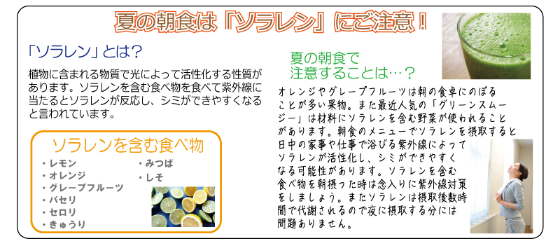 夏の朝食は「ソラレン」にご注意！　植物に含まれる物質で光によって活性化する性質があります。ソラレンを含む食べ物を食べて紫外線に当たるとソラレンが反応し、シミができやすくなると言われています。ソラレンを含む食べ物・レモン・オレンジ・グレープフルーツ・パセリ・セロリ・きゅうり・みつば・しそ　夏の朝食で注意することは？オレンジやグレープフルーツは朝の食卓にのぼることが多い果物。また最近人気の「グリーンスムージー」は材料にソラレンを含む野菜が使われることがあります。朝食のメニューでソラレンを摂取すると日中の家事や仕事で浴びる紫外線によってソラレンが活性化し、シミができやすくなる可能性があります。ソラレンを含む食べ物を朝摂ったときは念入りに紫外線対策をしましょう。またソラレンは摂取後数時間で代謝されるので夜に摂取する分には問題ありません。