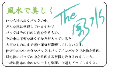 風水で美しく　いつも持ち歩くバッグの中、どんな風に整理していますか？バッグはその日の財産を守るもの。その中に不要な紙くずなどが入っていると大事なものにまで悪い運気が影響してしまいます。仕切りのない大きなバッグはバッグインバッグで小物を整理。帰宅後にバッグの中を整理する習慣を取り入れましょう。一緒に財布の中のレシートも整理。金運もアップしますよ。