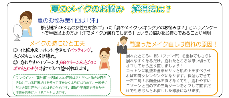 夏のメイクのお悩み　解消法は？　夏のお悩み第１位は「汗」　桜花媛が463名の女性を対象に行った「夏のメイク・スキンケアのお悩みは？」というアンケートで半数以上の方が「汗でメイクが崩れてしまう」というお悩みをお持ちであることが判明！　メイクの時にひと工夫　化粧水をコットンに含ませてパッティング。毛穴をキュッと引き締め。　崩れやすいＴゾーンはＢＢクリームを毛穴に埋め込むように指で叩いて塗り伸ばします。　間違ったメイク直しは崩れの原因！　崩れたところにBB（ファンデ）を重ねてもさらに崩れやすくなるだけ。崩れたところは思い切ってオフしてから塗り直しましょう！コットンに乳液を含ませサッと肌の上をすべらせれば即席クレンジングになります。保湿もできて一石二鳥！お顔全体を直さなくても、崩れやすいＴゾーンと目の下の三角ゾーンをオフして直すだけでもきちんとお直しした印象になります。