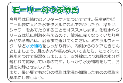 今月号は日焼けのアフターケアについてです。 保冷剤やビニール袋に入れた氷をタオルに包んで冷やしたり、冷たいシャワーをあてたりすることをオススメします。化粧水やクリームは肌に刺激を与えるので、敏感に赤くなっていたり痛みがある場合は、治るまで避けてください。ミネラルウォーターなど水分補給をしっかり行い、内側からのケアもきちんとしましょう。 肌の赤みや痛みがひいてきたら、たっぷり化粧水をつけて保湿をしましょう。紫外線によりお肌の水分が奪われて乾燥しているのです。しっかり水分補給をして、お肌を沈静させましょう。また、暑い夏でも水分の摂取は常温か加熱したものの摂取を基本にしましょう。