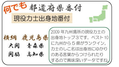 何でも都道府県番付　現役力士出身地番付　横綱　鹿児島県　大関 青森県　関脇 高知県　2009年九州場所の現役力士の出身地トップ３です。ベスト10に九州から5県がランクイン。力士のしこ名は出身地にゆかりのある言葉からつけられたりするので興味深いデータですね。