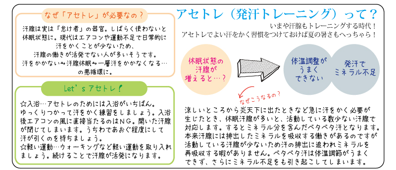 アセトレ（発汗トレーニング）って？いまや汗腺もトレーニングする時代！アセトレでよい汗をかく習慣をつけておけば夏の暑さもへっちゃら！　なぜ「アセトレ」が必要なの？汗腺は実は「怠け者」の器官。しばらく使わないと休眠状態に。現代はエアコンや運動不足で日常的に汗をかくことが少ないため、汗腺の働きが活発でない人が多いそうです。汗をかかない→汗腺休眠→一層汗をかかなくなる…の悪循環に。Let’s アセトレ！　★入浴…アセトレのためには入浴がいちばん。ゆっくりつかって汗をかく練習をしましょう。入浴後エアコンの風に直接当たるのはＮＧ。開いた汗腺が閉じてしまいます。うちわであおぐ程度にして汗が引くのを待ちましょう。★軽い運動…ウォーキングなど軽い運動を取り入れましょう。続けることで汗腺が活発になります。涼しいところから炎天下に出たときなど急に汗をかく必要が生じたとき、休眠汗腺が多いと、活動している数少ない汗腺で対応します。するとミネラル分を含んだベタベタ汗となります。本来汗腺には排出したミネラルを吸収する働きがあるのですが活動している汗腺が少ないため汗の排出に追われミネラルを再吸収する暇がありません。ベタベタ汗は体温調節がうまくできず、さらにミネラル不足をも引き起こしてしまいます。