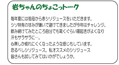 岩ちゃんのちょこっトーク　毎年夏には祖母から赤シソジュースをいただきます。シソ特有の甘みが嫌いで避けてきましたが今年はチャレンジ。飲み続けてみたところ自分でも驚くぐらい寝起きがよくなり汗もサラサラに…。心無しか疲れにくくなったような感じもしています。恐るべしシソジュース。私オススメのシソジュース皆さんも試してみてはいかがでしょうか。