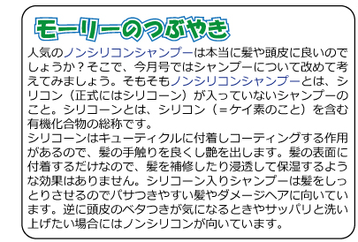 モーリーのつぶやき　人気のノンシリコンシャンプーは本当に髪や頭皮に良いのでしょうか？そこで、今月号ではシャンプーについて改めて考えてみましょう。そもそもノンシリコンシャンプーとは、シリコン（正式にはシリコーン）が入っていないシャンプーのこと。シリコーンとは、シリコン（＝ケイ素のこと）を含む有機化合物の総称です。シリコーンはキューティクルに付着しコーティングする作用があるので、髪の手触りを良くし艶を出します。髪の表面に付着するだけなので、髪を補修したり浸透して保湿するような効果はありません。シリコーン入りシャンプーは髪をしっとりさせるのでパサつきやすい髪やダメージヘアに向いています。逆に頭皮のベタつきが気になるときやサッパリと洗い上げたい場合にはノンシリコンが向いています。